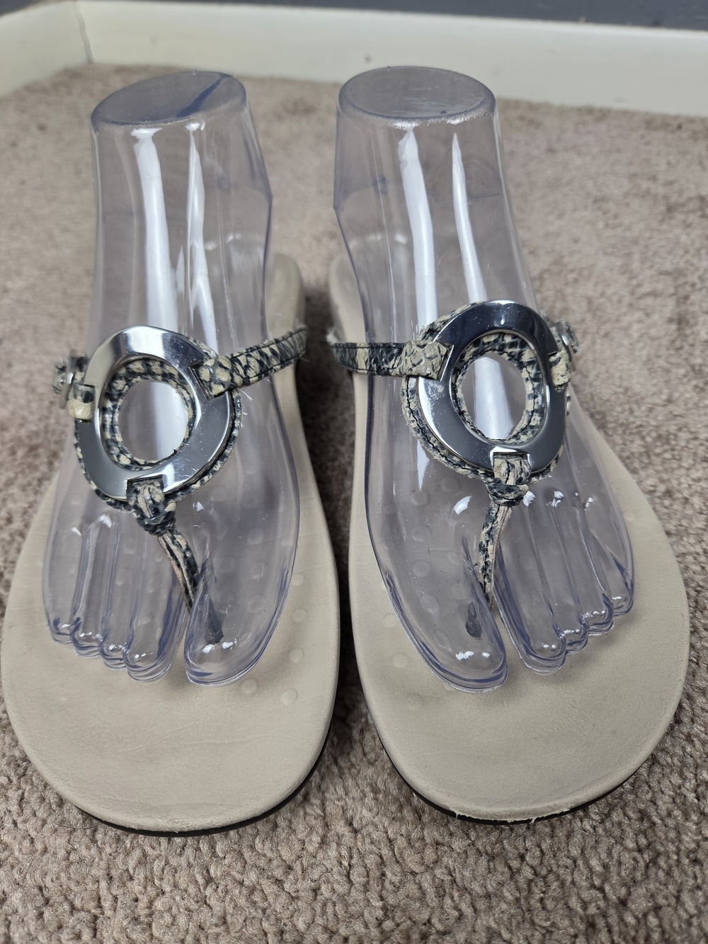 Vionic Beige Snake-Print Thong Sandals with Silver Ring